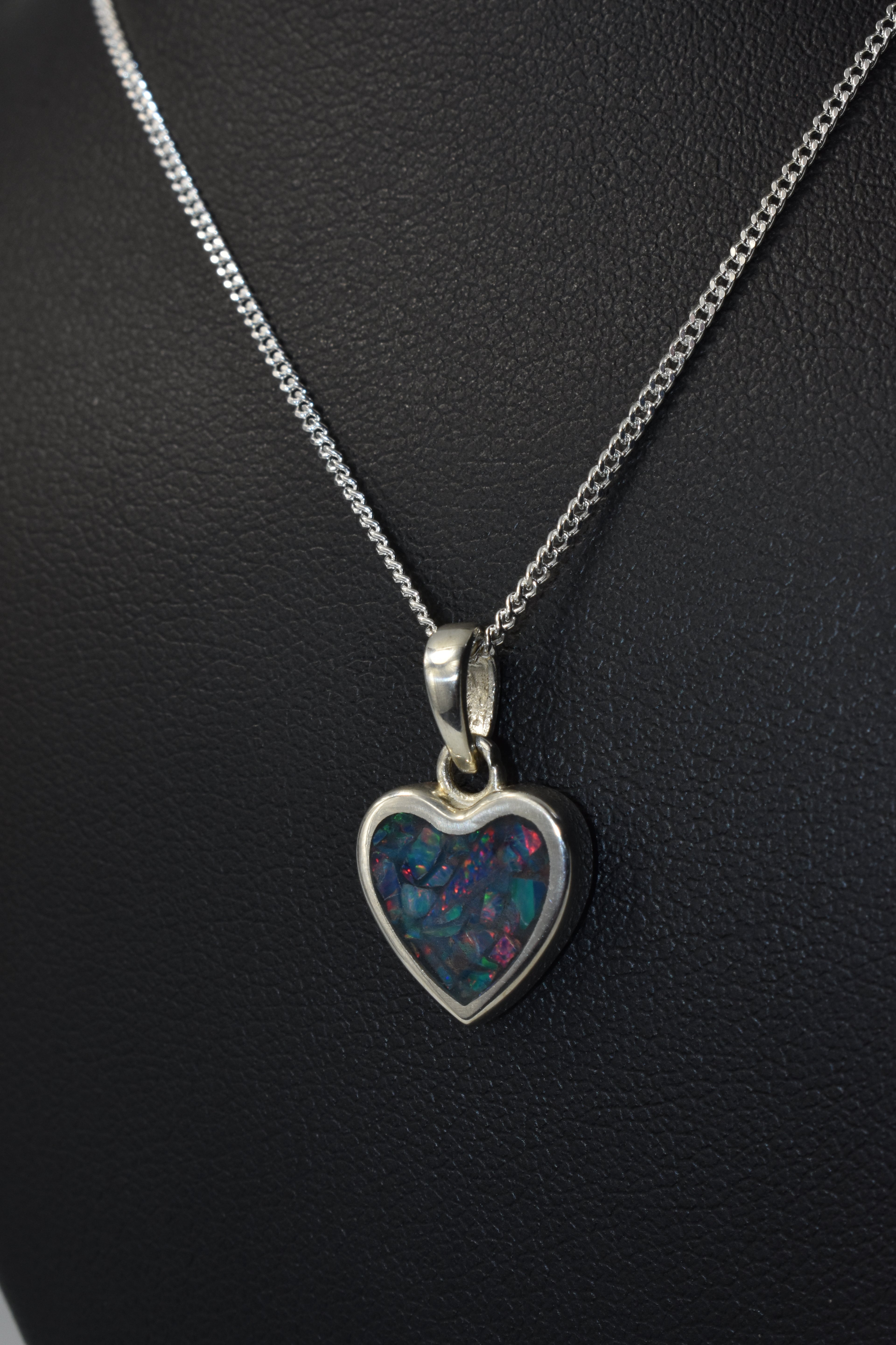 Sterling Silver Heart Pendant with Blue Crushed Opal on Belcher Chain