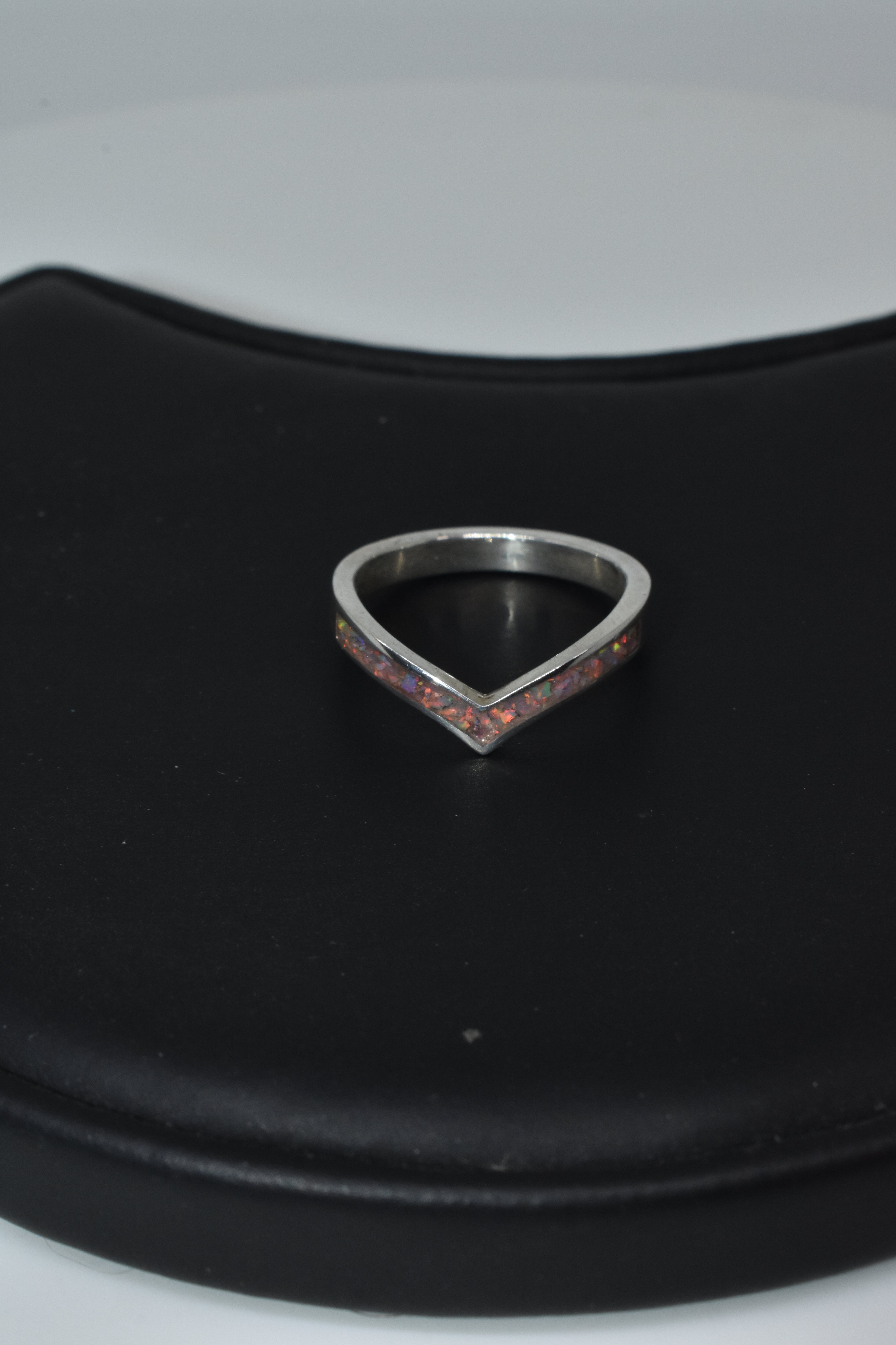 Sterling Silver Wishbone Ring with Pink Crushed Opal Inlay