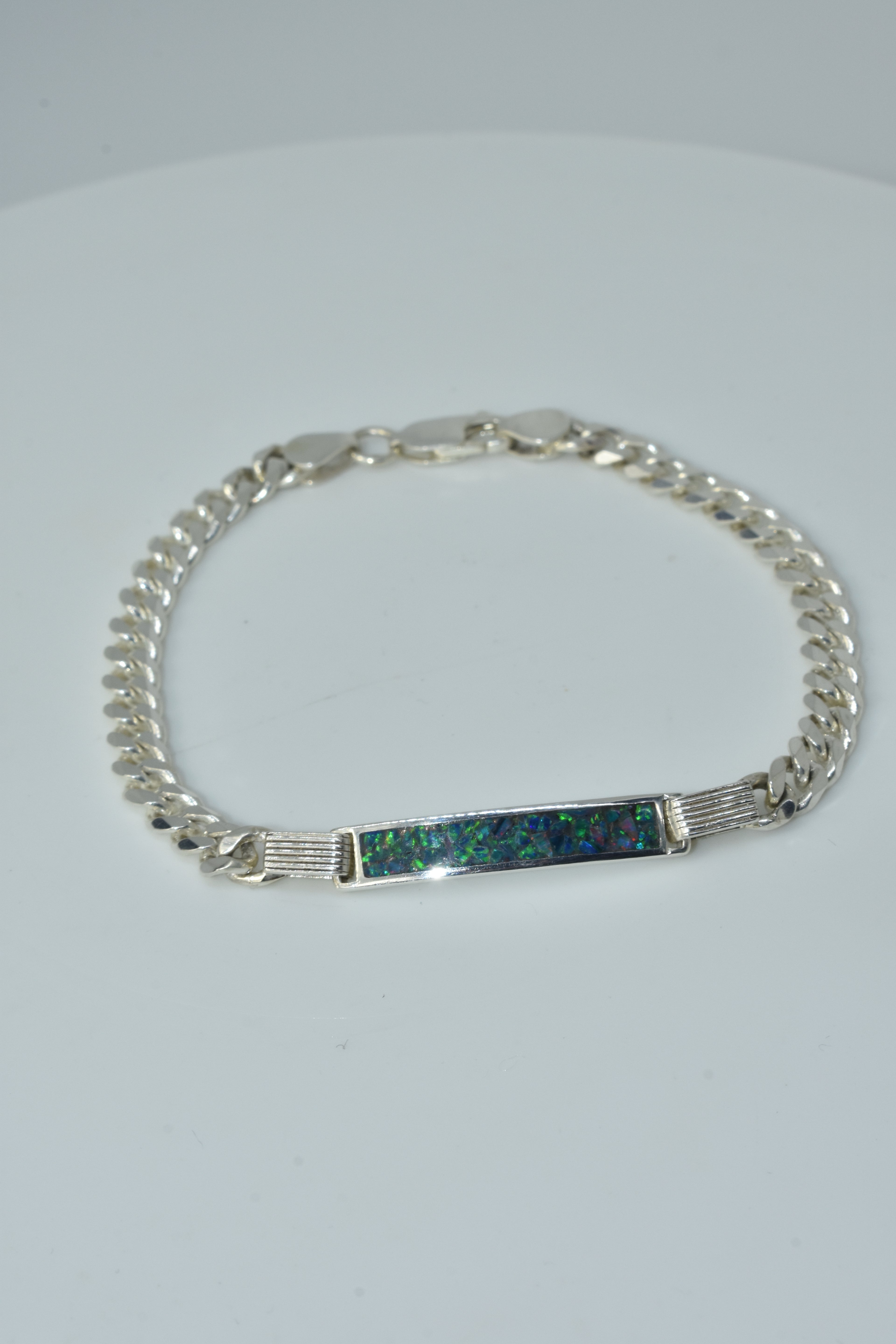 Sterling Silver ID Curb Bracelet with Blue Crushed Opal Inlay